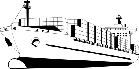 A black and white outline illustration of a large container ship