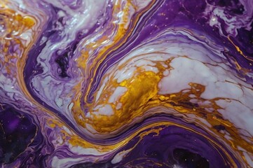 Psychedelic marble texture with swirling cosmic colors. Enchanting space-inspired liquid art in purple and gold. Fantasy nebula waves with vivid color fusion.