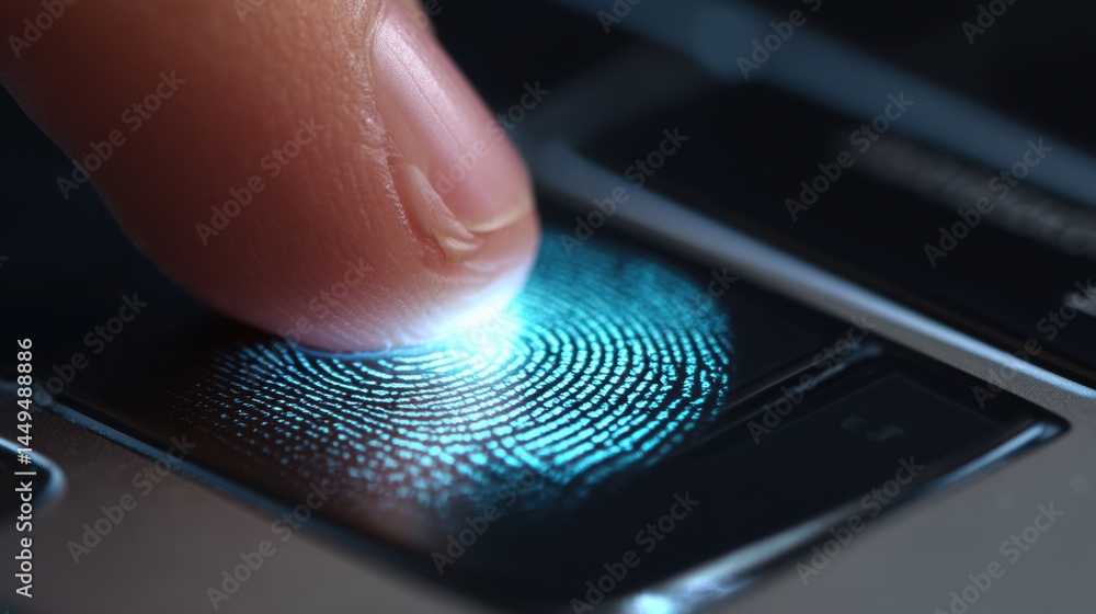 Poster close-up of finger pressing fingerprint scanner on laptop touchpad during security verification proc