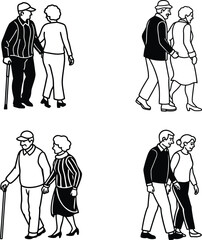 Elderly Couple Walking Vector Set. Senior People Holding Hands Black and White Line Art