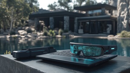 Obraz premium Futuristic VR glasses, laptop, and device by pool