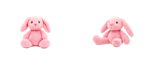 Two fluffy pink bunny plush toys, sitting, isolated. cut out transparent