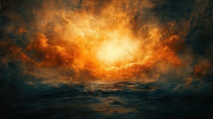Fiery, turbulent clouds over a stormy sea