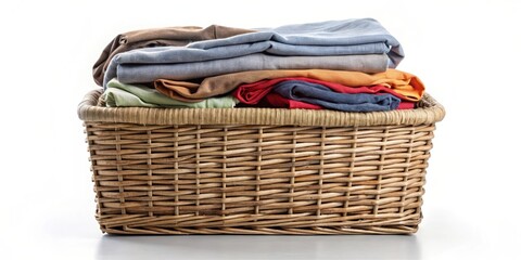 Obraz premium Pile of clothes in a square wicker basket isolated on background, natural material