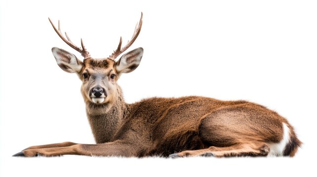 Relaxed deer resting on white background
