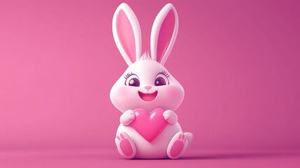 Obraz premium Cute white rabbit holding a pink heart