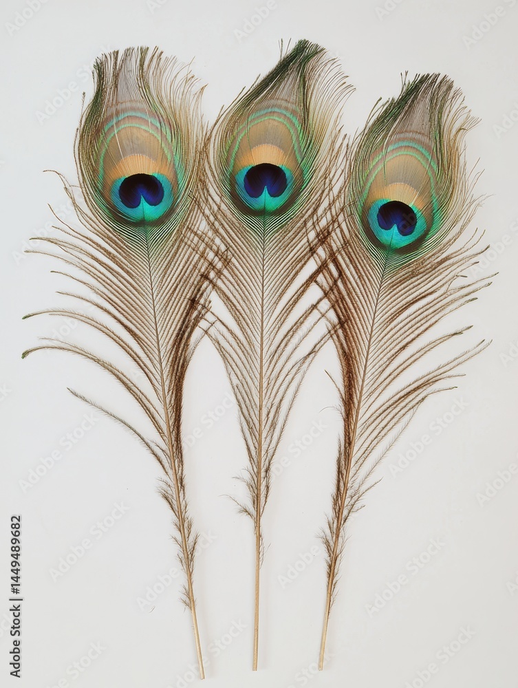 Poster three peacock feathers on a white background showing their iridescent colors and unique patterns