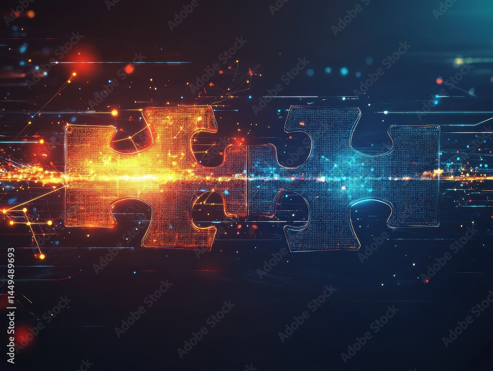 Poster interconnected puzzle pieces representing synergy and collaboration in technology
