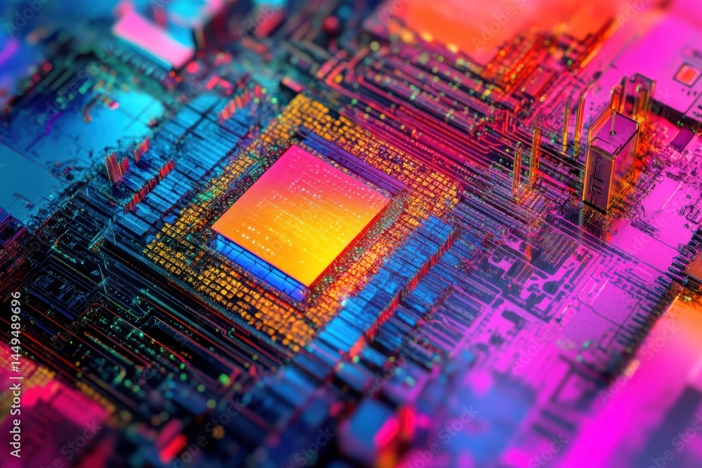 Poster colorful intricate detail of a modern computer processor on a circuit board motherboard