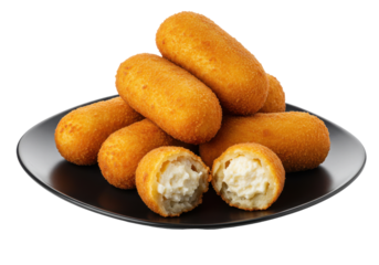 Golden croquettes a creamy center revealed on a dark plate against black