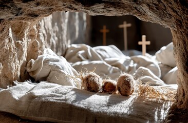 Cinematic photo of the empty tomb with Jesus' linen left on, with three crosses in the background and sunlight streaming through an open door, symbolizing spiritual sunrise and new life 