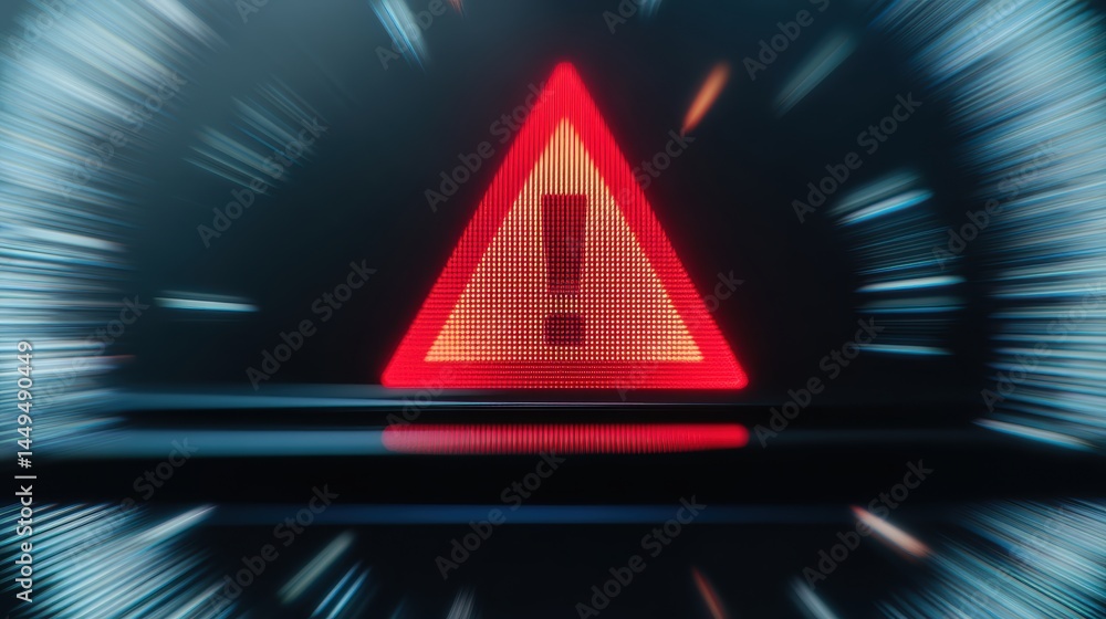 Poster bright red warning triangle with exclamation symbol on dark background in motion blur effect