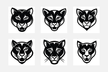 Set of cougar head silhouette vector art illustration.