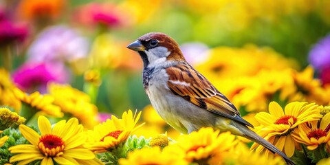 Sparrow perched among vibrant yellow flowers in a garden, surrounded by lush greenery and blooming petals of various colors, yellow flowers, outdoor scene