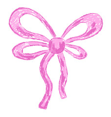 Cute pink coquette bow with ribbon drawn with crayon texture effect