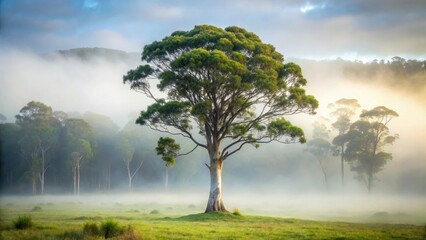 Fototapeta premium Towering gum tree stands alone in misty morning forest , fog, nature, fog, nature