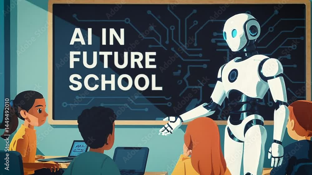 Poster cartoon robot teaching children in futuristic classroom setting with digital blackboard showing ai-t