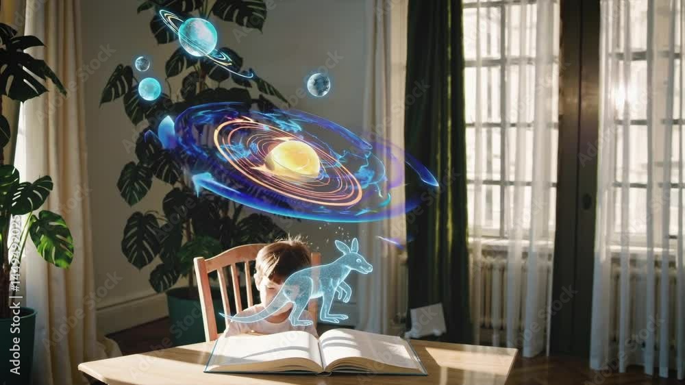 Poster child at home exploring animated holographic creatures and planets emerging from an open book, blend