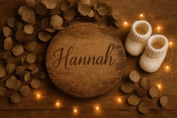 Elegant rustic nursery decor featuring personalized wooden name sign "Hannah", baby booties, and eucalyptus with warm lights