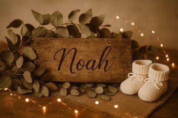 Rustic nursery decor with personalized wooden name sign "Noah", knitted baby booties, and eucalyptus leaves