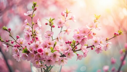 Fototapeta premium Delicate pink cherry blossoms adorn beautiful spring bouquet of cherry tree branches with subtle greenery and soft light filtering through , spring flowers, blooming trees
