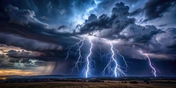 Dark stormy sky with lightning flashes over a landscape, turbulent, sky,  turbulent, sky, darkness, lightning, gloom