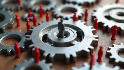 Interconnected gears with red figures corporate world, teamwork. Oversized gear dominates central position. Antitrust concept. Competition, monopoly regulation, market control. Business strategy,