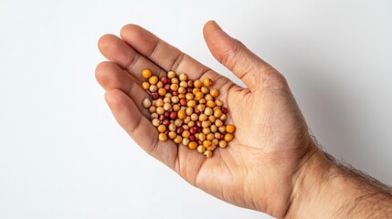 Fototapeta premium A hand holding a handful of freshly harvested grains, white background