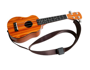 Naklejka premium A close-up shot of a wooden ukulele with a strap