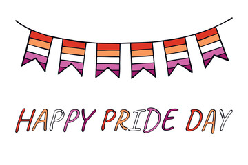 Colorful garland Lesbian pride flag Happy pride day LGBTQIA community Pride Month Vector hand drawn doodle for posters, stickers, logo, cards