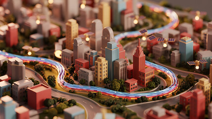 Vibrant city model futuristic design glowing roads smart city technology innovation