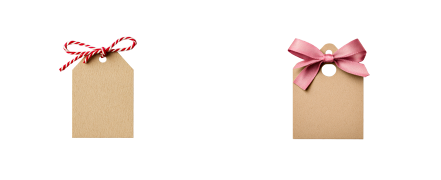 Two paper price tags with bows on dark background cut out transparent