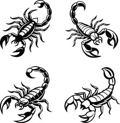 Scorpion Vector Set. Fierce Black Tribal Insect Clipart Illustrations with Claws and Stingers.