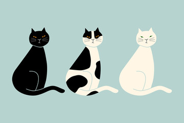 Three cats sitting in row, vector illustration.