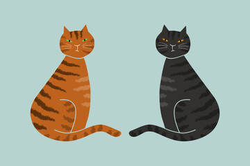 Two striped cats sitting, vector illustration.