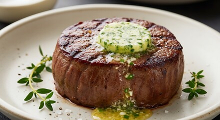 Grilled Steak with Herb Butter on Plate