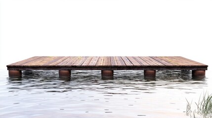 A large pond with a wooden dock extending over it, white background