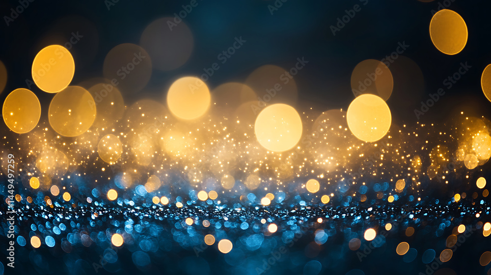 Poster abstract background of golden and blue bokeh lights creating a festive glittering ambiance with defo