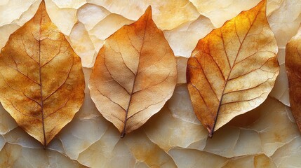 Three dry brown leaves with veins on light background. Perfect for fall themes, textures, or backgrounds.