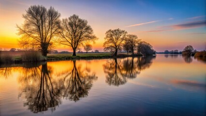 Fototapeta premium Softly glowing sunset reflected on the calm surface of the River Yare at dusk, tree silhouette, reflection