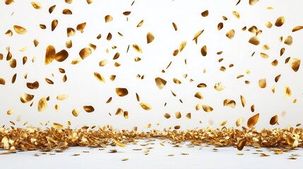 Gold petals falling on white background
