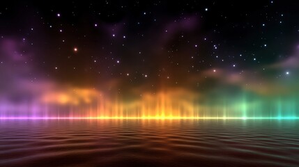 Vibrant auroras blend with stars over calm waters in a mesmerizing night scene.