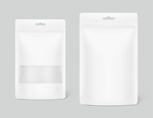 Pouch stand bag and pouch stand bag with clear window mockups. Vector illustration isolated on grey background. Easy to make a realistic mockup of your product. Ready for your design. EPS10.