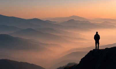 Silhouette of man standing on mountain peak at sunset overlooking misty valley
