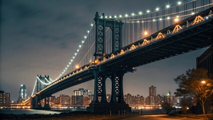 Manhattan bridge at night with city skyline and sparkling lights