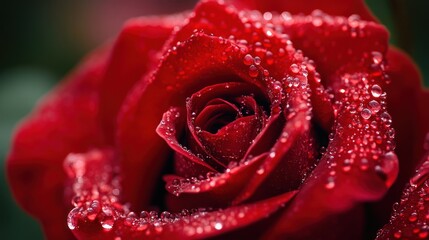 A detailed close up view of a red rose with droplets