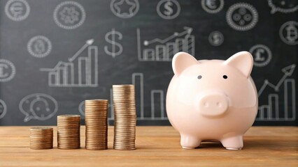 Pink piggy bank beside stacked coins showing growth and financial planning