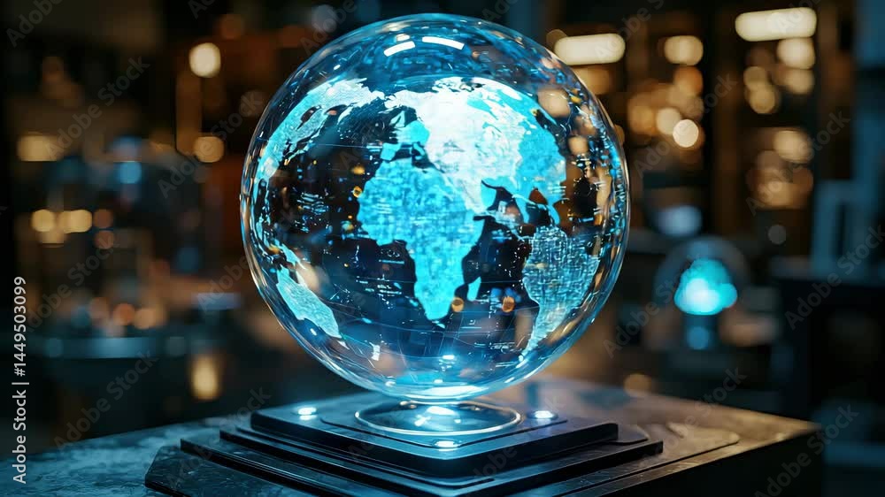 Aufkleber a futuristic digital globe displaying illuminated continents and network connections sits prominentl