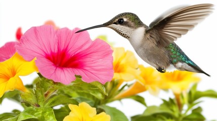 Hummingbird feeding on vibrant flowers