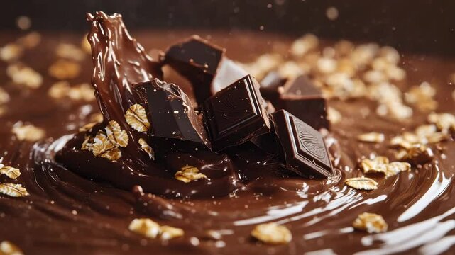 Rich dark chocolate chunks and oats splashing into silky melted chocolate, creating a decadent and appetizing scene.